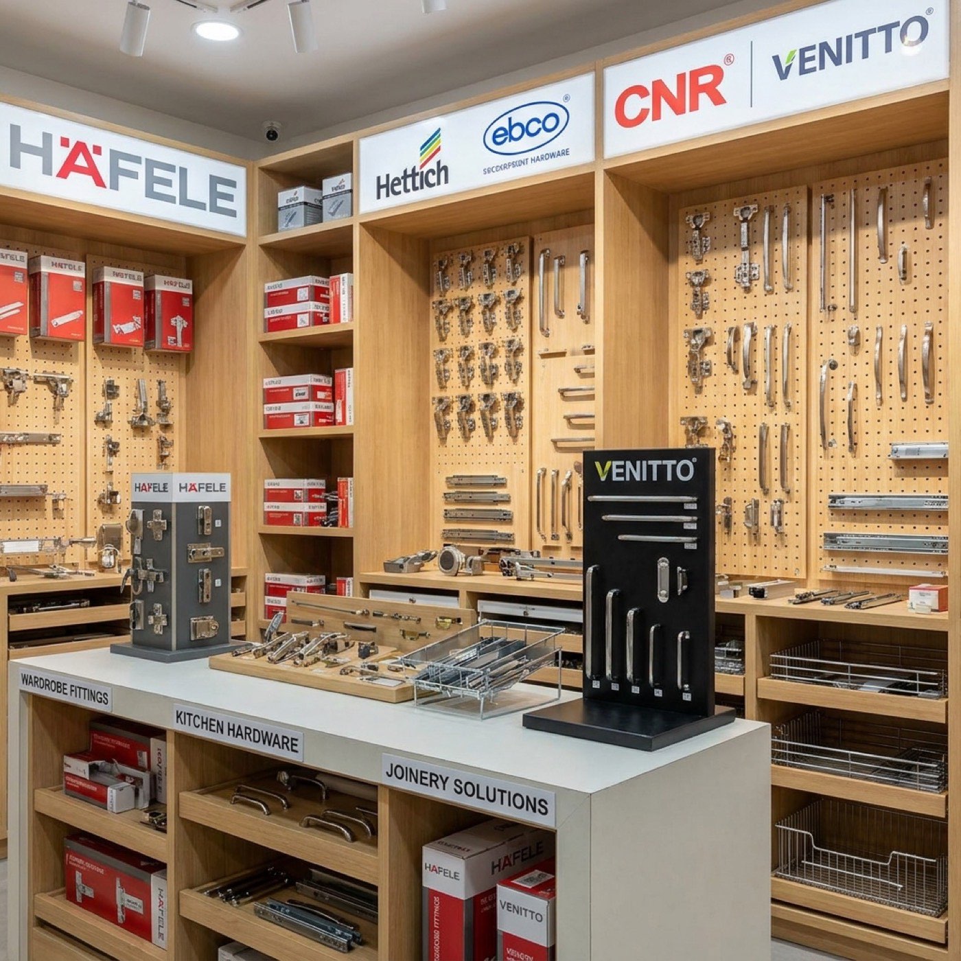Hardware showroom with Hafele, Hettich, Ebco, CNR and Venitto fittings