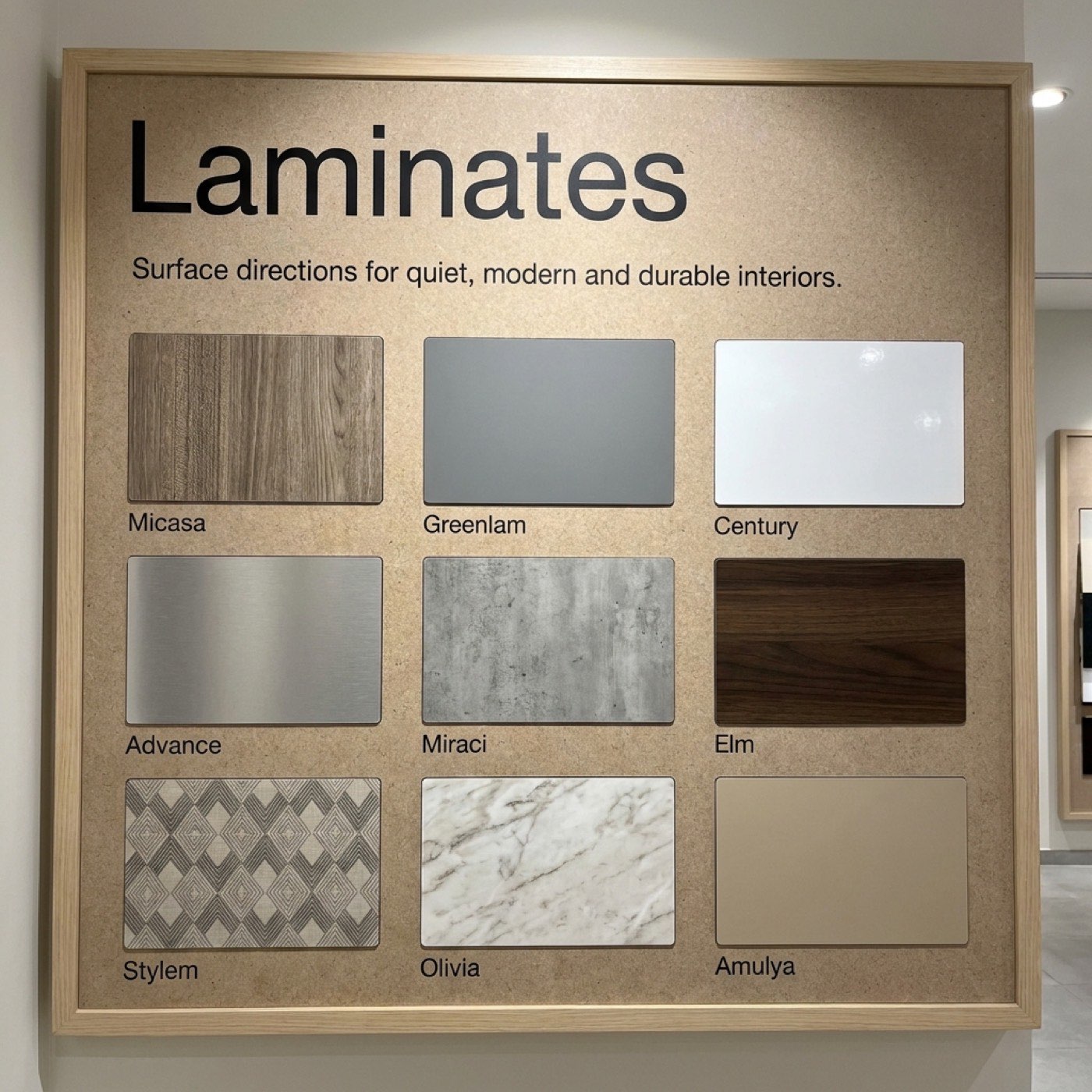 Laminate sample board with Mikasa, Greenlam, Century, Advance, Meraki, Elm, Stylem, Olivia and Amulya