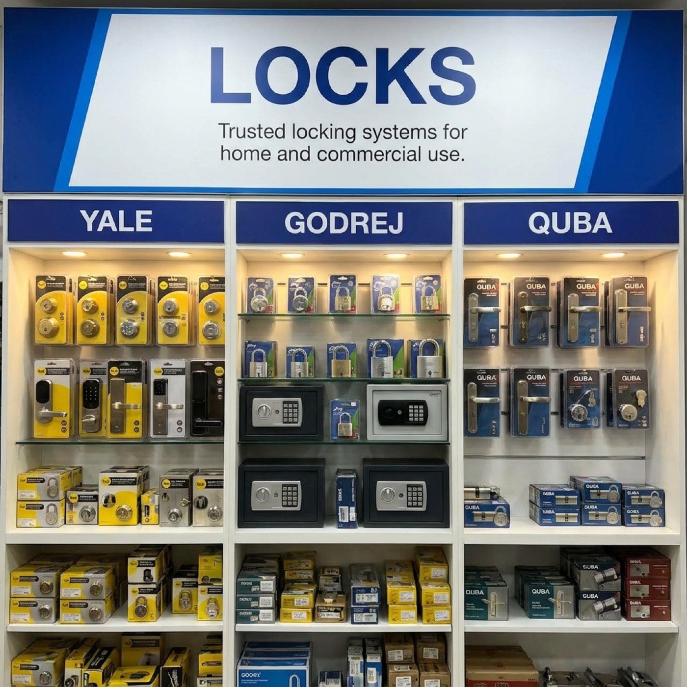 Lock display featuring Yale, Godrej and Quba products